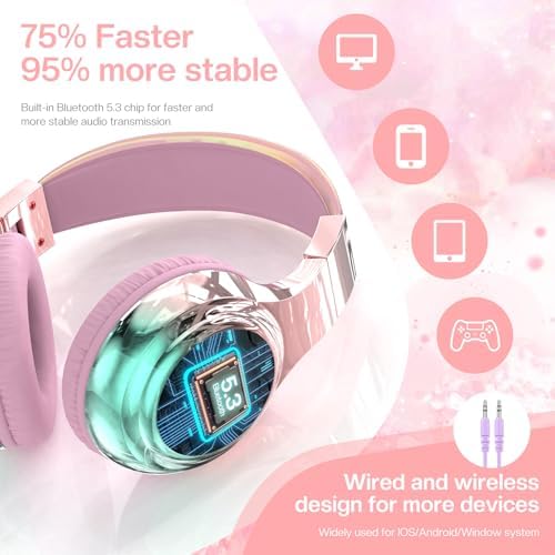 Qear Fun Kids Bluetooth 5.3 Headphones – Ultra-Lightweight Foldable Wireless Headset with Rapid Charging and Integrated Microphone for Seamless School and Travel Listening – Trendy Metallic Gradient Finish for Young Music Lovers – Perfectly Compatible with Tablets and i Pads – Superior Comfort and Sound Quality for Young Listeners