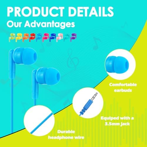 Vibrant 60-Pack Kids Earbuds – Durable Wired Earphones for Classroom Learning – Lightweight 3.5 mm Student Headphones Compatible with PCs, Chromebooks & Laptops – Colorful Design to Engage Young Minds – Ideal for Daily Educational Use
