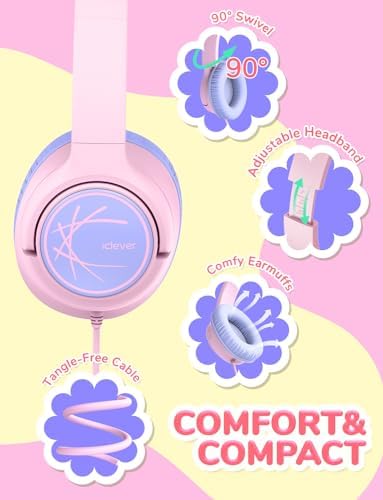 i Clever Kids Headphones: Safe 85 d B Volume Limit, Ergonomic Foldable Design, Superior Stereo Sound, 3.5 mm Jack Compatibility – Ideal for Travel, School & Home Use – Stylish Blue-Green for Boys & Girls