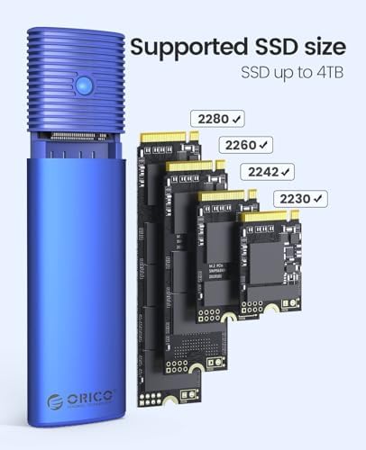 ORICO Tool-Free M.2 NVMe SATA SSD Enclosure Adapter – High-Speed USB-C 3.2 Gen 2 External Drive for 2230/2242/2260/2280 M.2 SSDs – Durable Aluminum Case with UASP & TRIM Support for Optimal Performance – Portable Data Storage Solution