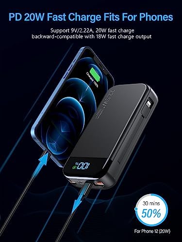 High-Capacity 32000 m Ah Portable Charger with Built-in Cables, Fast Charging Technology (22.5 W QC 3.0 & 20 W PD), Smart LED Display for Multi-Device Power Management – Sleek Blue External Battery Pack for Professionals and Travelers