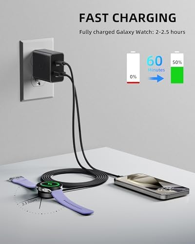 Dual-Port 25 W Fast Charging Block with 5 FT Cable for Samsung Galaxy Watches & Smartphones – Effortless Dual Device Charging, Superior Speed, and Sleek Compact Design for Galaxy Watch 7/6/5/4/Active2 & Galaxy S24/S23/S22/S21/Note/Z Fold – Ultimate Efficiency Meets Unmatched Compatibility