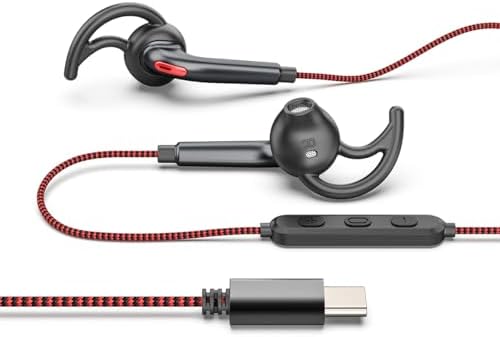 Elevate Your Workout Experience with Ergonomic USB C Headphones – Secure Fit Half In-Ear Earbuds with Tangle-Free Braided Cord for Unmatched Sound Quality, Built-In Microphone for Seamless Communication, Ideal for Gym, Jogging, and Cycling – Stylish Red Design for Maximum Visibility and Performance