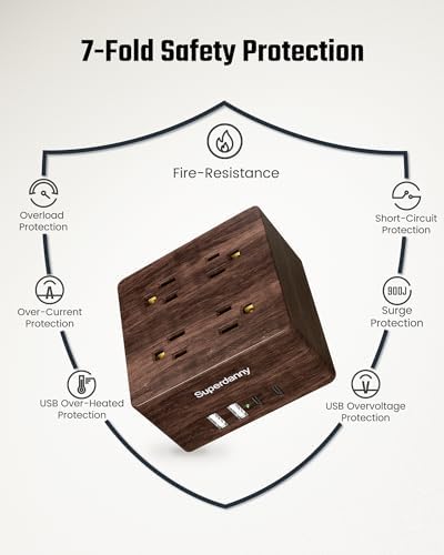 SUPERDANNY Portable USB Power Strip Surge Protector – Premium Desktop Extension Cord with 4 Spacious Outlets & 4 Advanced Smart USB Charging Ports for Home, Office, Hotel, Dorm, and RV Use – Elegant Faux Walnut Finish for Enhanced Aesthetics and Device Safety