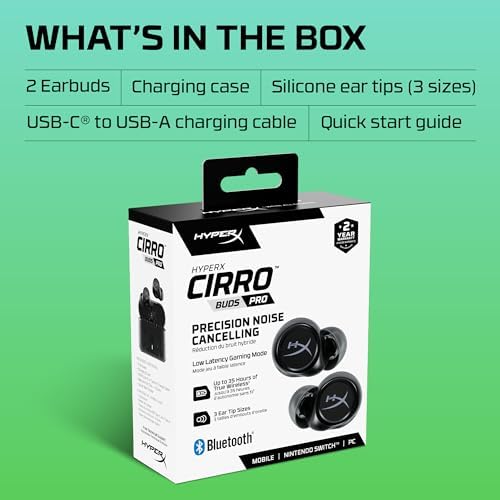 Hyper X Cirro Buds Pro: Premium True Wireless Earbuds with Active Noise Cancellation, Low Latency Gaming, and Bluetooth 5.2 – Versatile IPX4 Sweat-Resistant Design for PC, Nintendo Switch, and Mobile Use – Fast Charging and Ambient Sound Mode for Ultimate Audio Experience