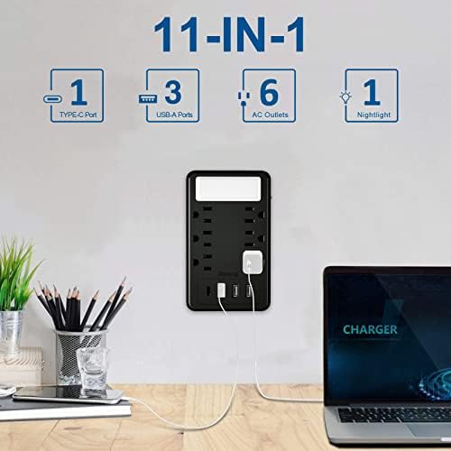 ZHOORQI 6-Outlet Multi Plug Extender with USB-C Fast Charging – Compact Surge Protector for Home, Office & Travel – Versatile Wall Charger with Enhanced Safety Features and Sleek Design for Effortless Device Connectivity