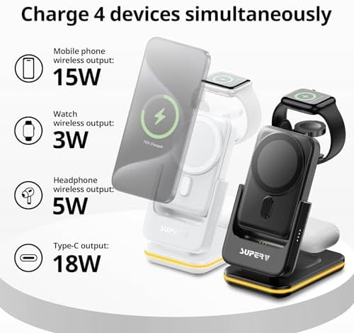 Ultimate 4-in-1 Magnetic Charging Station – SUPERV Foldable 5000 m Ah Power Bank for i Phone 16/15, Apple Watch, Air Pods & Samsung Galaxy S25/S24 – Fast Wireless Charger with Enhanced Mag-Safe Compatibility for Seamless Portability and Versatile Device Support