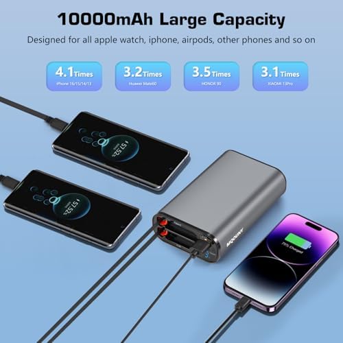 MQOUNY 4-in-1 Retractable Power Bank – 10,000 m Ah Fast Charging Portable Charger with 2.9 ft Built-in Cable, 22.5 W Multi-Device Compatibility for i Phone 16/15/14/13, Mac Book, Galaxy – Ultimate Travel Essential for On-the-Go Charging