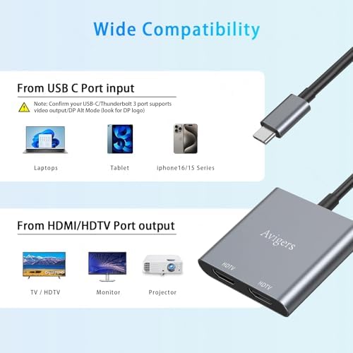 Elevate Your Setup with the Avigers USB C to Dual HDMI Adapter – 4 in 1 Multi-Display Hub for Seamless 4 K Productivity and Gaming, Features 2 HDMI Outputs, PD Charging Port, and USB 3.0 for Lightning-Fast Data Transfer – Lightweight, Portable Design for On-the-Go Professionals and Gamers