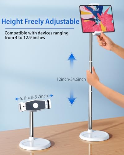 Versatile Adjustable Tablet Floor Stand Holder: 360° Rotatable Design for All Devices (4″-12.9″) – Height Adjustable (12-34.6 inches) with Sturdy Base – Ideal for i Pad, i Phone, Kindle, Switch – Sleek White Finish for Modern Home or Office Use – Enhance Your Productivity and Entertainment Experience