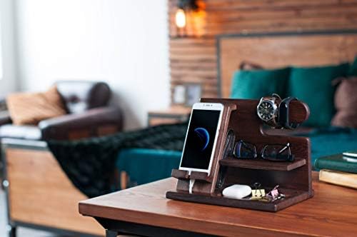 TESLYAR Wood Phone Docking Station for Men – Desktop or Nightstand Organizer – Birthday Gifts for Men, Dad – Anniversary Idea from Wife – Key Holder, Stand Wallet, Watch & Essentials (Antique Brown) – Enhanced Compatibility and Speed