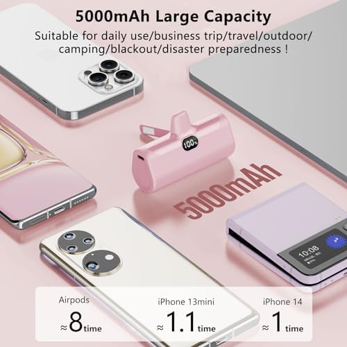LUCKYDUO Ultra-Compact 5000 m Ah Portable Power Bank with Built-In Phone Holder & LED Light for i Phone – Essential Travel Charger with LCD Battery Indicator, Compatible with i Phone 14/13/12/11/XR/SE/8/7 Pro Max – Stay Charged Anywhere