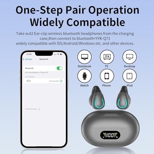 Open Ear Clip-On Bluetooth 5.3 Headphones – Advanced Bone Conduction Wireless Earbuds with IPX7 Waterproofing and Digital Display Charging Case – Ultra-Lightweight Fitness Earphones for Enhanced Outdoor Performance and Safety Awareness – Built-in Microphone for Clear Calls and Seamless Connectivity