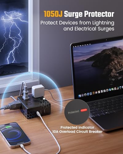 15 Ft Surge Protector Power Strip with 8 Outlets & 4 USB Ports – Wall Mountable Flat Plug Charging Station for Home, Office, and Dorm Room – High-Speed USB-C Compatible Extension Cord for Ultimate Device Connectivity and Safety