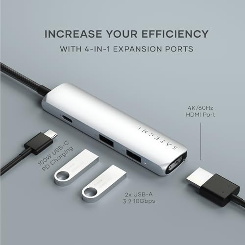Satechi 4-in-1 USB-C Hub Multiport Adapter – Enhance Your Connectivity with 4 K HDMI Output, Dual USB 3.0 Ports, and a Sleek Black Design for Mac Book & Chromebook Users – Perfect for Remote Work and Media Streaming