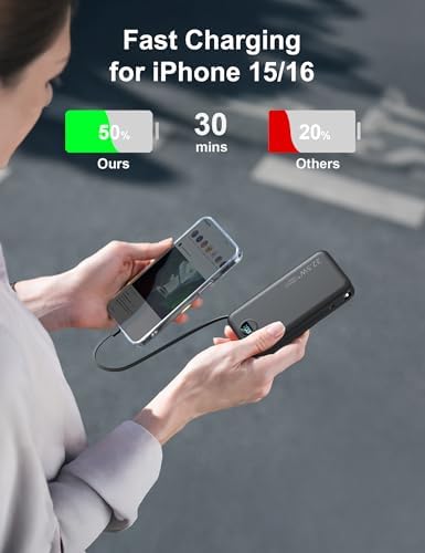 Ultra-Portable 20000 m Ah Power Bank with Built-In Cables & AC Plug | PD 20 W Fast Charging for i Phone, Samsung, Android | LED Display Travel Charger – Charge Multiple Devices Seamlessly and Stay Powered On-the-Go