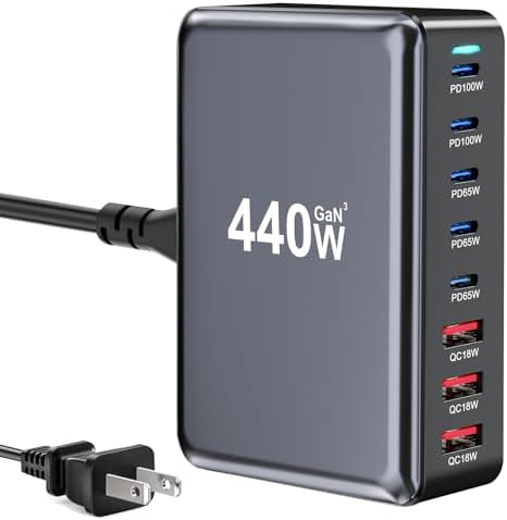 High-Powered 440 W Ga N 8-Port USB-C Charging Hub – Dual PD & PPS Fast Charger for Mac Book Pro/Air, i Phone 16/15/14/13/Pro Max – Compact, Durable Solution for Home, Office & Travel Efficiency