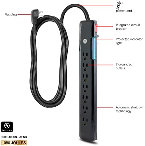 GE Ultra Pro 12-Outlet Surge Protector with 2 USB Charging Ports, 4320 Joules of Protection, 8-Foot Flexible Power Cord, Space-Saving Flat Plug, Enhanced Power Filter, Built-In Circuit Breaker, UL Listed Safety Assurance, Sleek Black Design for Home and Office Electronics