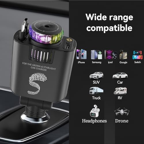 Innovative Retractable Car Charger with USB-C Fast Charging 120 W and Aromatherapy Starlight – Ultimate Travel Companion for i Phone 16 to 11, Stylish Cigarette Lighter Adapter for Men and Women – Perfect Gift for Road Trips and Daily Commutes with Enhanced Compatibility and Efficiency