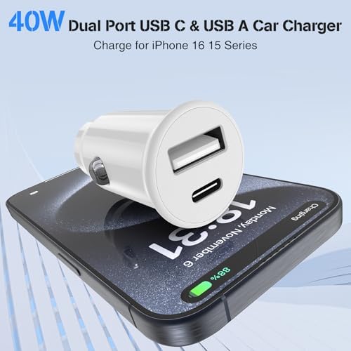 High-Power USB C Car Charger for i Phone 16 & 15 Series – 40 W Dual Port Fast Charging Adapter with 3 FT USB-C to C & A to C Cables – Versatile Compatibility for i Pad, Samsung, and More – Compact Design for On-the-Go Convenience and Enhanced Safety Features