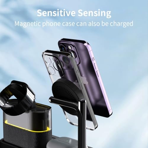 Revolutionary 5-in-1 Magnetic Charging Hub: Ultra-Fast Wireless Station for i Phone 12-15 & i Watch Series 2-9 with Customizable RGB Ambient Lighting and Integrated Digital Clock for Optimal Charging Efficiency and Aesthetic Appeal