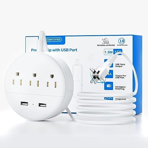 NTONPOWER 2 Prong Power Strip with 9.8 ft Extension Cord – Essential Wall-Mountable Solution for Non-Grounded Outlets with 3 AC Ports & 2 USB Charging Ports – Perfect for Modern Homes and Vintage Spaces