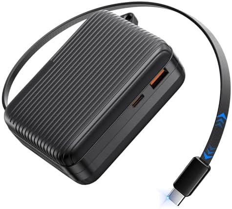 YKZ 10000 m Ah Travel-Friendly Portable Charger with Built-In Retractable USB-C Cable, Fast Charge Power Bank with Dual Outputs, Compact Design for Effortless Mobility and Flight Compliance – Ultimate Safety Features for All Devices