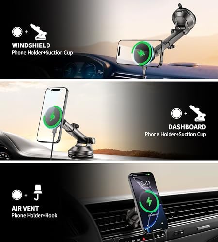 Mag Safe Wireless Car Charger Mount – Ultimate Magnetic Phone Holder for i Phone 12-16 Series, Dash/Windshield/Vent Compatibility, Enhanced Quick Charge with LED Light for Safe Navigation and Seamless Connectivity