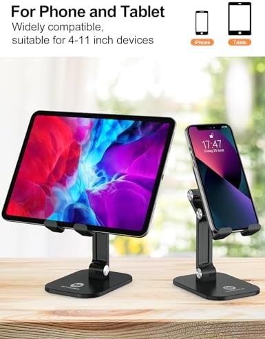 Transform Your Workspace with the OCYCLONE Adjustable Phone Stand & Cable Organizer Set – Versatile Foldable Holder for 4.7″ to 13″ Devices, Personalized Viewing Heights, and Effortless Portability for Home and Office Efficiency