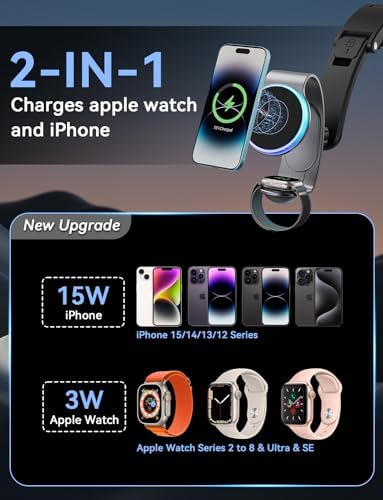 Mag Safe Dual-Function Car Charger & Mount – 18 W Aluminum Alloy Wireless Charging Station with 42.5 W Power Adapter for i Phone 15/14/13/12 & Apple Watch – Effortless Magnetic Hold for Enhanced Road Safety and Convenience