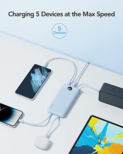 VRURC 10000 m Ah Portable Power Bank with Integrated Cables and LED Battery Indicator – Slim, Lightweight Travel Charger with Dual Input and Five Outputs for Effortless Device Charging – Ideal for Smartphones and Tech Gadgets – Stylish Blue Design (1 Pack) – Ultimate Convenience and Compatibility