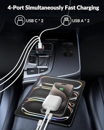 High-Power 4-Port USB C Car Charger – 90 W Fast Charging Adapter with Dual USB-C & USB-A Ports for i Phone 11-16, i Pad, Samsung, and Android Devices – Compact Cigarette Lighter Adapter with Enhanced Safety Features and Multi-Device Compatibility for Road Trips and Daily Commutes