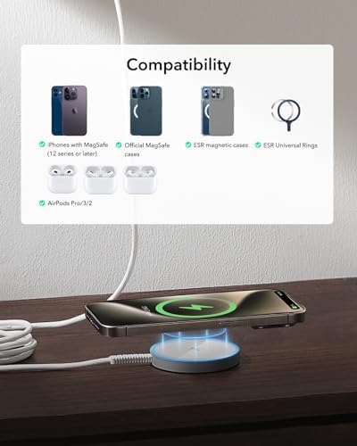 Power Up Your Devices Effortlessly with the ESR Mag Safe Wireless Charger – 15 W Fast Charging Pad with Kickstand for i Phone 15/14/13/12 and Air Pods, Qi2 Certified for Enhanced Compatibility, Includes Type-C Cable, Sleek Black Design for Modern Tech Integration