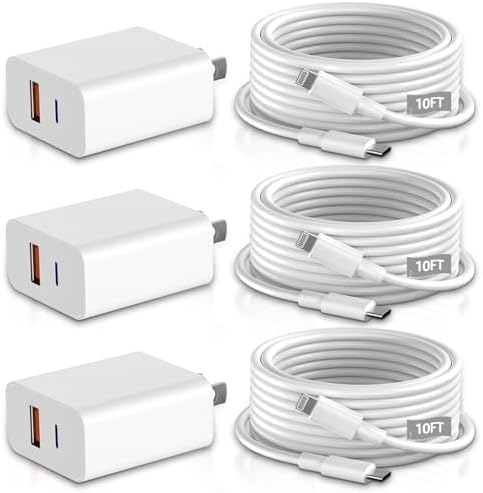 MFi Certified 20 W Dual-Port USB-C Fast Charging Kit – 3-Pack Wall Charger Set with 10 FT Lightning Cables for i Phone 14/13/12/11/XR/X/XS – Effortless Dual Device Charging for Home, Office & Travel – Superior Quality & Extended Cable for Optimal Convenience