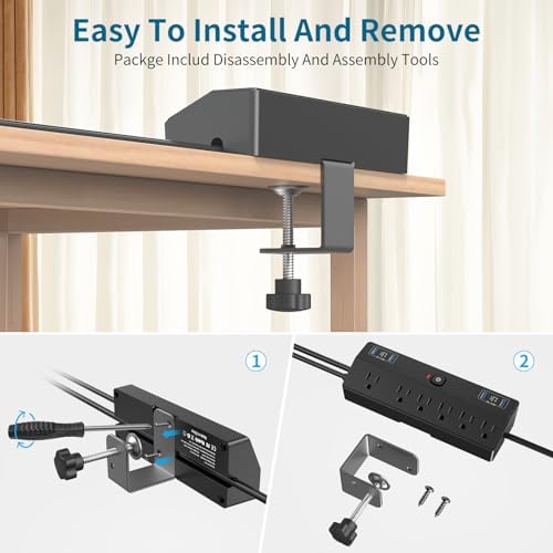 Ultimate Desk Clamp Power Strip with 10 FT Extension Cord – 6 AC Outlets & Dual USB-C Fast Charging Station for Seamless Office Connectivity – Removable Surge Protector for Up to 1.8″ Tabletop – Enhance Your Workspace Efficiency and Stay Powered Up