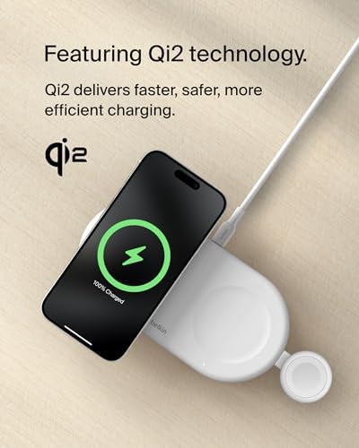 Belkin 15 W Mag Safe-Compatible 2-in-1 Wireless Charging Station – Fast Dual Device Charger for i Phone 16, 15, 14, 13 Series & Air Pods – Sleek Sand Design for Effortless Portability and Seamless Power Solutions