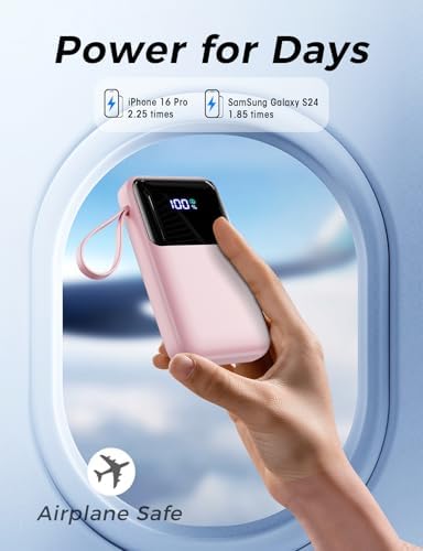 15000 m Ah Ultra-Slim Portable Charger with Integrated Cable – 22.5 W Fast Charge Power Bank for Multiple Devices, Ideal Travel Battery Pack with LED Indicator – Compatible with i Phone 16/15/14/13, Samsung, and More