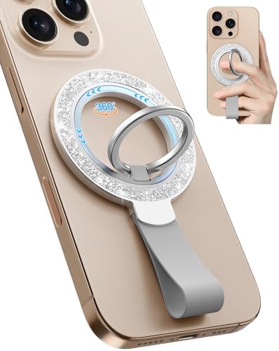 Tycamp Mag Safe-Compatible Glitter Phone Grip Ring Holder Stand for i Phone 16/15/14/13/12 Series – Stylish Magnetic Phone Accessory with Removable Rotating Design for Enhanced Grip and Glam Appeal in Black – Secure Attachment for Selfies, Texting, and Viewing