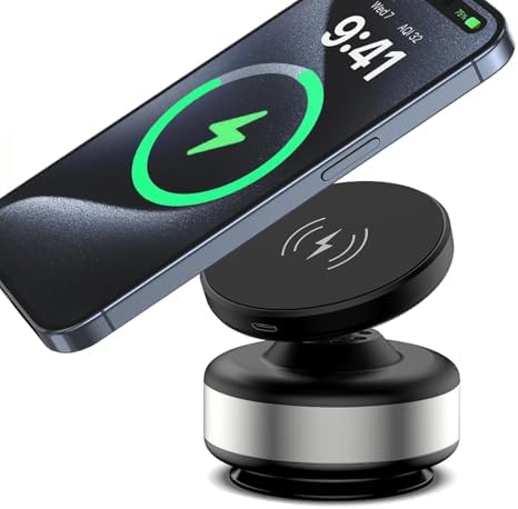 Revolutionary 15 W Mag Safe Car Charger with 360° Adjustable Holder – Magnetically Secure Wireless Phone Mount for i Phone 12-16 – Perfect for Road Trips, Gym, and Hands-Free Navigation