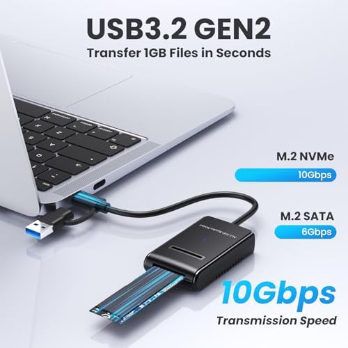 Ultra-Fast M.2 NVMe & SATA Reader Adapter – Versatile USB A & C Enclosure for All M Key & B+M Key SSDs, Compatible with 22110/2280/2260/2242/2230, Lightweight Plastic Design for On-the-Go Data Transfer and File Access