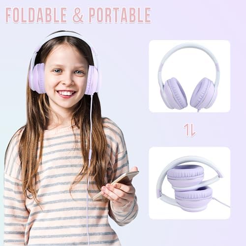 Rockpapa L22 Purple Over-Ear Headphones for Kids & Women – Lightweight, Foldable, and Durable Wired Design with Built-In Microphone for Clear Hands-Free Communication, Perfect for School, Travel, and Daily Use – High-Quality Stereo Sound and Tangle-Free Cord for Seamless Audio Enjoyment