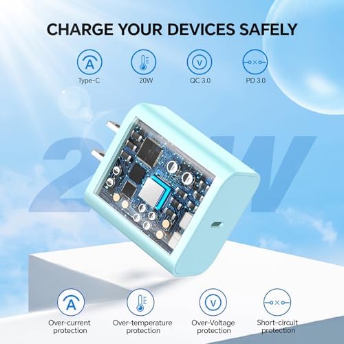 Lightning-Fast 20 W USB-C Wall Charger & 10 FT Cable for i Phone 15/16/Plus/Pro Max – Sleek Pink-Blue Power Adapter for Ultimate Charging Performance and Versatile Use