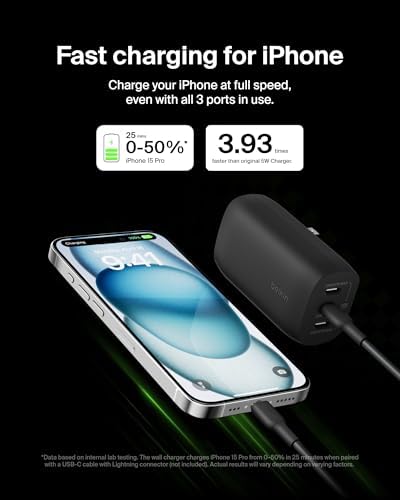 Belkin 67 W 3-Port USB-C Power Delivery Charger Block – Ultra-Fast Charging Hub for i Phone 16, Samsung Galaxy S25, Mac Book Pro & More – Portable & Versatile Charging Solution for Home, Office, and Travel – Enhanced PPS Technology for Universal Device Compatibility