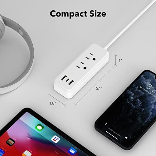 Elevate Your Charging Game with the Clear Power 2-Outlet Power Strip – 6 ft Flat Plug Power Station Featuring 3 USB Ports (1 USB-C) for Rapid Device Charging, Ideal for Home, Office & Travel, Durable & Compact Design, White, Model DC3 S-1102-DC