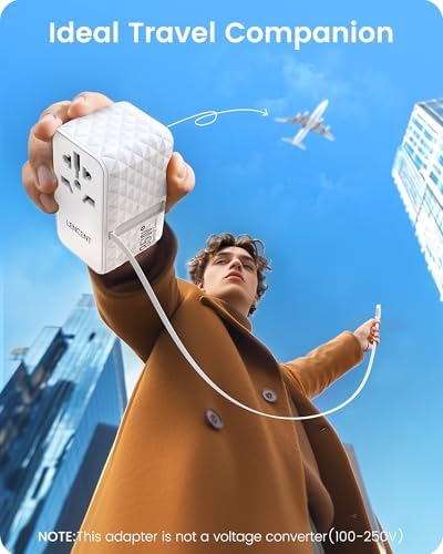 85 W Universal Travel Power Adapter with Retractable USB-C Cable – Optimal Fast Charging Hub for Global Use, Featuring 4 Ports for Seamless Connectivity in US, EU, UK & Beyond, Engineered for On-the-Go Professionals Seeking Efficiency and Versatility