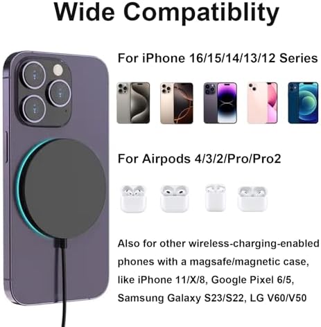 Mag Safe Charger 2 Pack – 15 W Magnetic Wireless Fast Charging Pads for i Phone 16/15/14/13/12 & Air Pods – Slim, Portable Design with Durable Aluminum Alloy – Quick USB-C/A Compatibility – Stylish Silver Finish for Ultimate Convenience and Efficiency