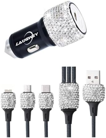 Chic Rhinestone Dual USB Car Charger & 3-in-1 Braided Charging Cable Set – Stylish Bling Accessories for Fast Charging & Enhanced Compatibility – Perfect for Women’s Vehicles in Silver