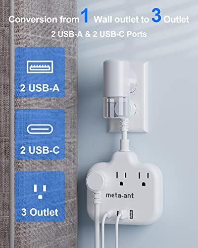 Stylish Brown Travel Power Strip with 5 Ft Cord – Compact Extension Solution Featuring 3 AC Outlets & 4 USB Ports (2 USB-C) for Rapid Charging – Ideal Desk Accessory for Tan Wood and Walnut Grain Décor – Maximize Functionality & Aesthetics in Any Space