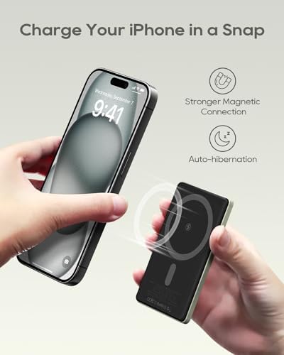 Ultra-Slim Kuulaa Mag Safe Battery Pack – 5,000 m Ah Power Bank for i Phone 15/14/13/12 Series – Magnetic Wireless Charger with PD 20 W Two-Way USB-C Fast Charging – Lightweight Grey Portable Power Solution for On-the-Go Charging