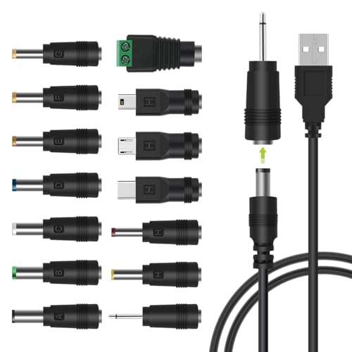 LANMU USB to DC Power Cable, DC 5V Power Cord 5.5 2.1mm Jack Charging Cable with 14 Interchangeable Plugs Addapters for 5V Devices – Enhanced Compatibility and Speed